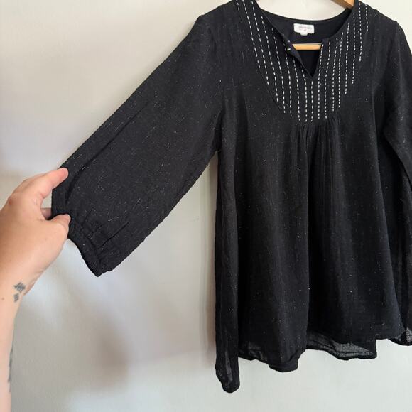 WORLD MARKET Black Sparkle Gauze Stitched split neck boho Blouse small medium - Picture 4 of 6